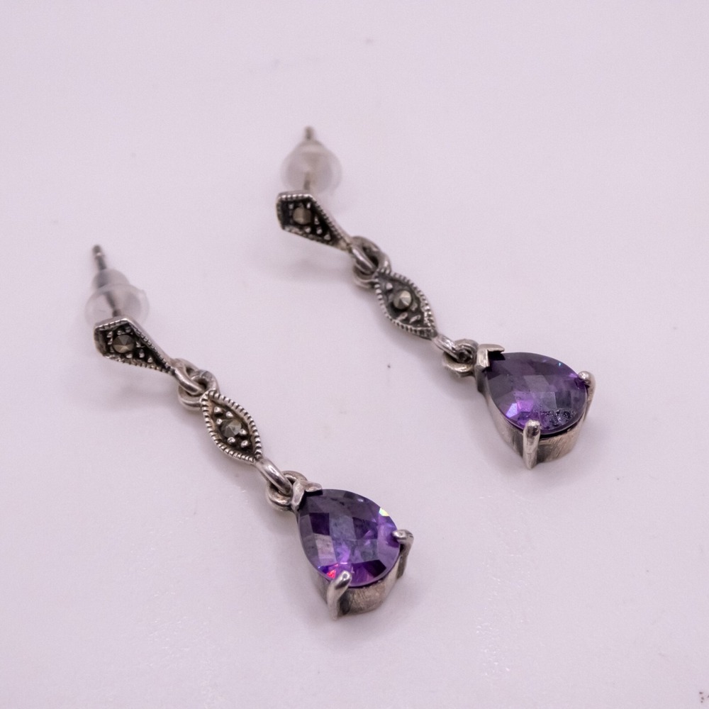 Sterling Silver 925 Purple Amethyst Marcasite Drop Dangle Earrings 1.25"